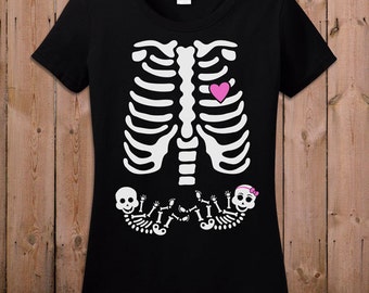Twin Pregnant Skeleton Shirt Pregnant Halloween Costume Maternity Skeleton T Shirt Boy Girl Twins Skeleton Pregnancy Shirt Ladies TM-37A
