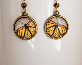 Golden Monarch Butterfly Earrings Antique Brass Finish Pierced Ear Dangle Earrings with Bead