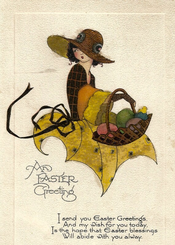 Vintage Art Deco Easter postcard sparkly egg basket hat girl