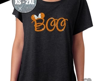GLITTER Disney Halloween Shirt Minnie Boo Tri Blend Dolman Tee 67-00-60 - Vintage Black - orange/white Glitter