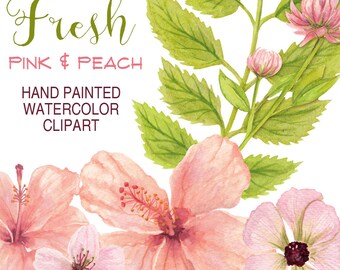 watercolor flowers clipart pink and peach hibiscus flowers, bridal florals watercolor wedding graphics,  hand painted watercolor graphics