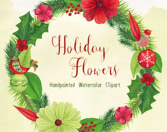 Watercolor Christmas Clipart, xmas graphics, holiday wreath clip art, Christmas watercolour florals by SLSlines