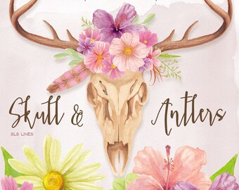 watercolor flowers and skulls clipart, animal skull floral graphics, pink green purple handpainted watercolor clipart by SLS Lines