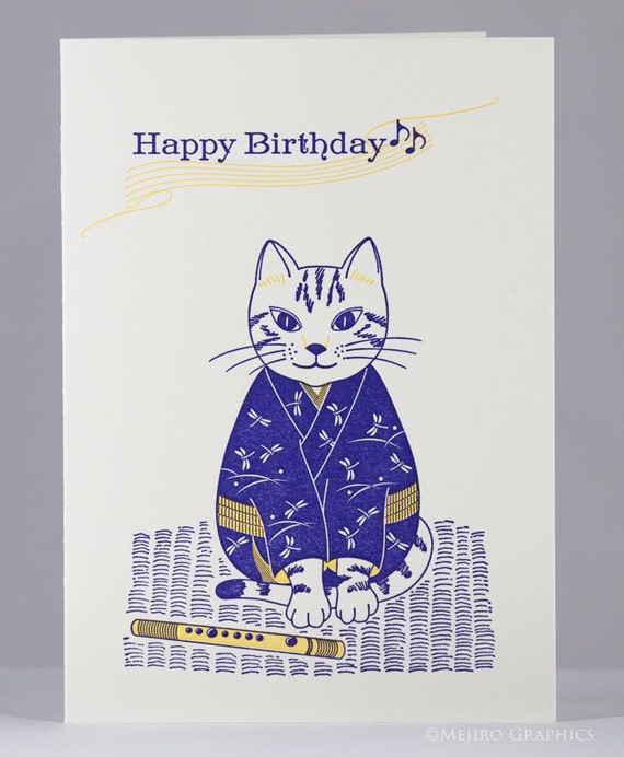 Letterpress Happy Birthday Flute Cat Card