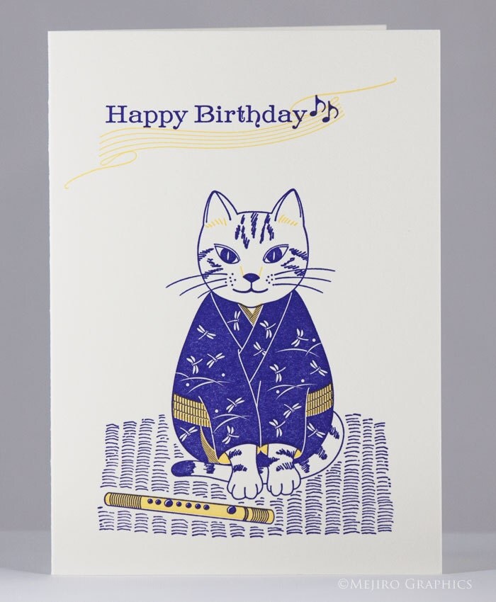 Letterpress Happy Birthday Flute Cat Card
