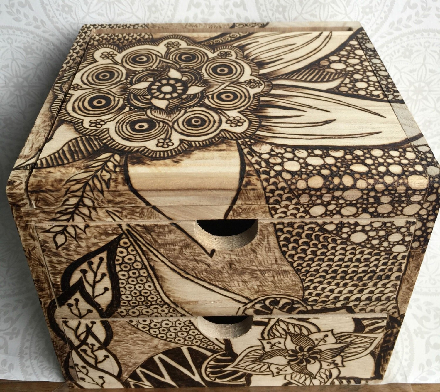 Wood burned zentangle doodle beauty box.Two drawer and mirror