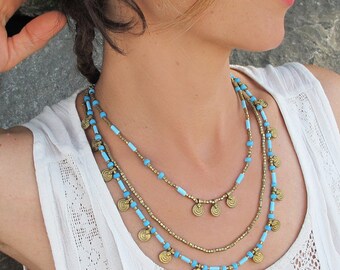 FREE SHIP- Turquoise Brass Necklace,Turquoise Necklace,Turquoise Boho Necklace,Boho Necklace,Bohemian Necklace,Boho Jewelry,Bohemian Jewelry