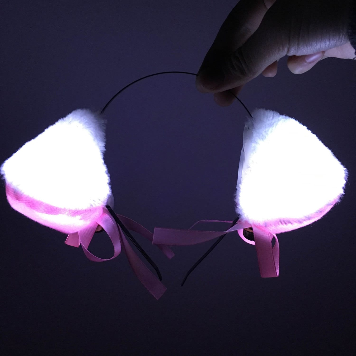 White Light Up LED Cat EarsFurry Fur Cat Ear by