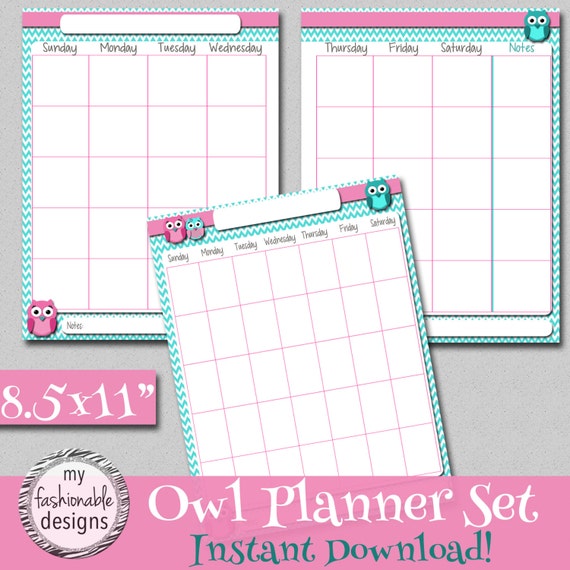 Items similar to Pink & Teal Owl Calendar Set - BLANK - Print Your Own ...