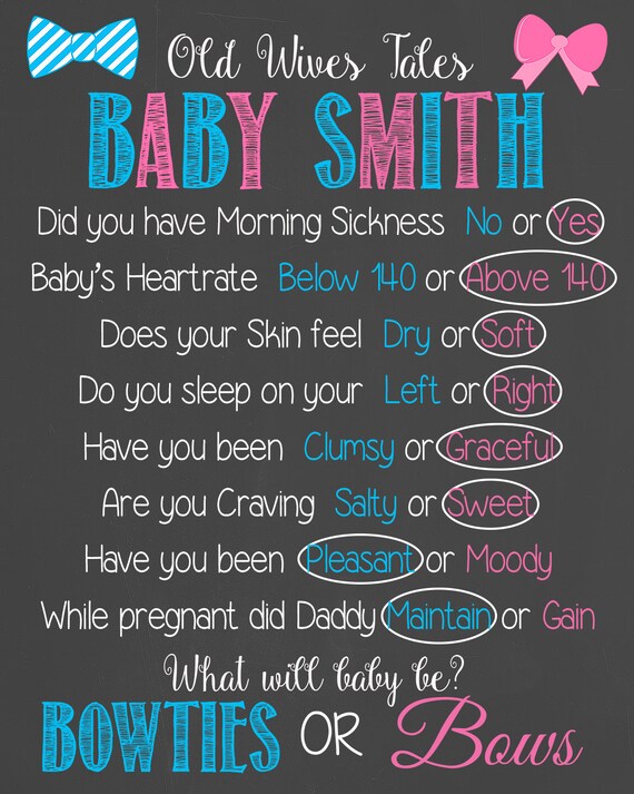 Old Wives Tales Gender Reveal Baby Shower Chalkboard/ Bowties