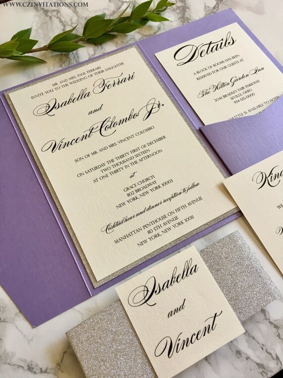 Wedding Cz Invitations Purple And Silver Glitter Pocket Wedding Invitation With Belly Band Lilac