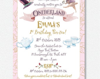Mad Hatter Alice in ONEDERLAND invitation | Personalised Digital file