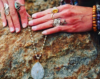 Silverite and Solar Quartz Teardrop Necklace/ Boho Chic/ Wire Wrapped Jewelry