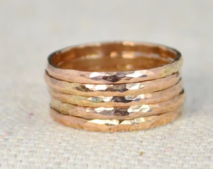 Set of 10 Classic Rose Gold Stackable Rings, 14k Rose Gold Filled, Stacking Rings, Simple Gold Ring, Hammered Gold Rings, Rose Gold Bands