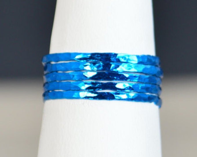 Set of 5 Super Thin Turquoise Silver Stackable Rings, Blue Ring, Blue Jewelry, Blue fashion, Light Blue Jewelry, Peacock Ring, Stacking Ring