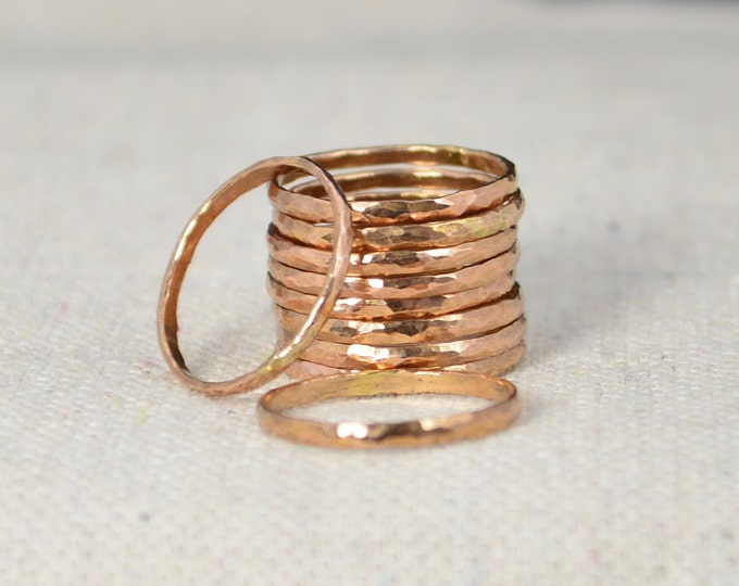 Set of 15 Classic Rose Gold Stackable Rings, 14k Rose Gold Filled, Stacking Rings, Simple Gold Ring, Hammered Gold Rings, Rose Gold Bands