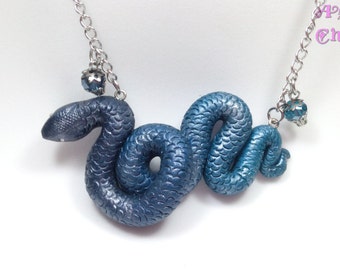 Blue Snake Necklace, Jewelry, Necklace, Polymer Clay Jewelry, Snake Jewelry, Surgical Steel Necklace, Handmade Jewelry.
