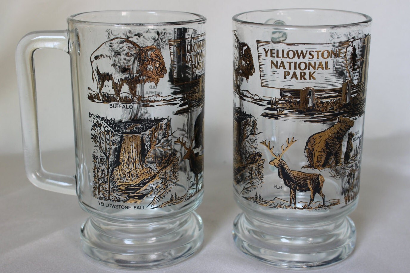 Vintage Yellowstone National Park Pair of Glass Beer Ale Mugs