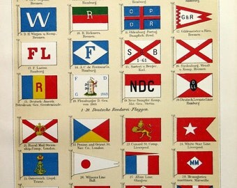 1895 Antique fine lithograph of shipping company flags, vintage Marine Signal Flag print, nautical sea engraving.
