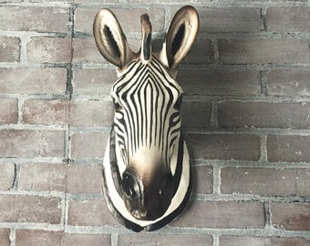 ANY COLOR Large Zebra Head Wall Sculpture // Faux Taxidermy // Safari Decor // Animal Head Wall Mount / Black & White Faux / Zoo Animal Bust