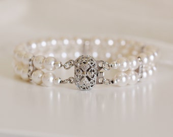 Bridal Cuff Bracelet Bridal Bracelet Two Strand Pearl Bracelet Rhinestone Bracelet Vintage Style Wedding Jewelry Bridesmaid Bracelet