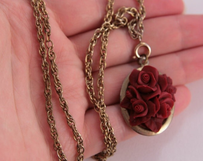Red Roses Necklace Vintage Pendant, Love Gift, Jewellery Shop