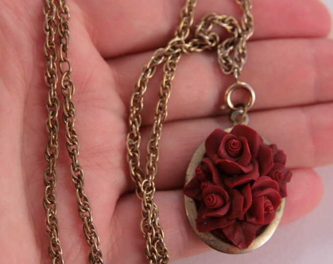 Red Roses Necklace Vintage Pendant, Love Gift, Jewellery Shop