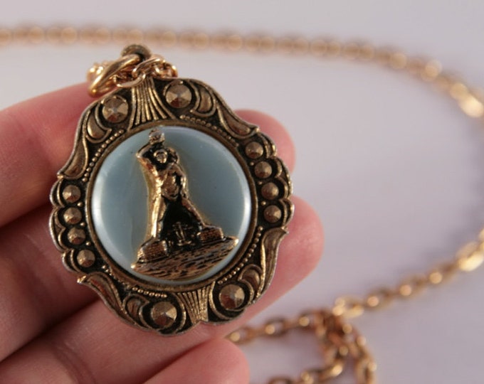 Two Sided Necklace Pink Blue Gold Chain Doe Deer Titan Colossus Greek Myths Jewelry