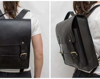 Leather Backpack | Black | Scandinavia Inspired Simplicity | Front pocket | Festival Bag | Cycle Bag | Day Bag | Fit 13" Laptop