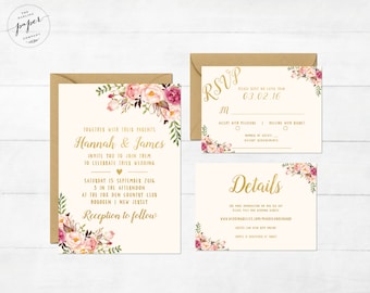Florales de la boda invitación imprimible Boho invitación Suite Vintage boda invitan Floral boda peonías colección primavera-verano