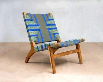 Lounge Chair, Mid Century Chair, Teak Frame, Handwoven Seat, "Emerald Coast", Blue and Green, Masaya and Company, Mid Century Modern