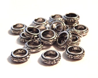 Hair Beads, 11mm, 10pcs, Dread Beads, European Spacer Bead, Big Hole, Antique Silver, Lead Free, Viking Beard Beads
