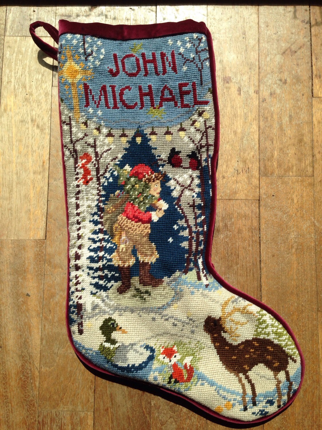 custom designed needlepoint Christmas stocking