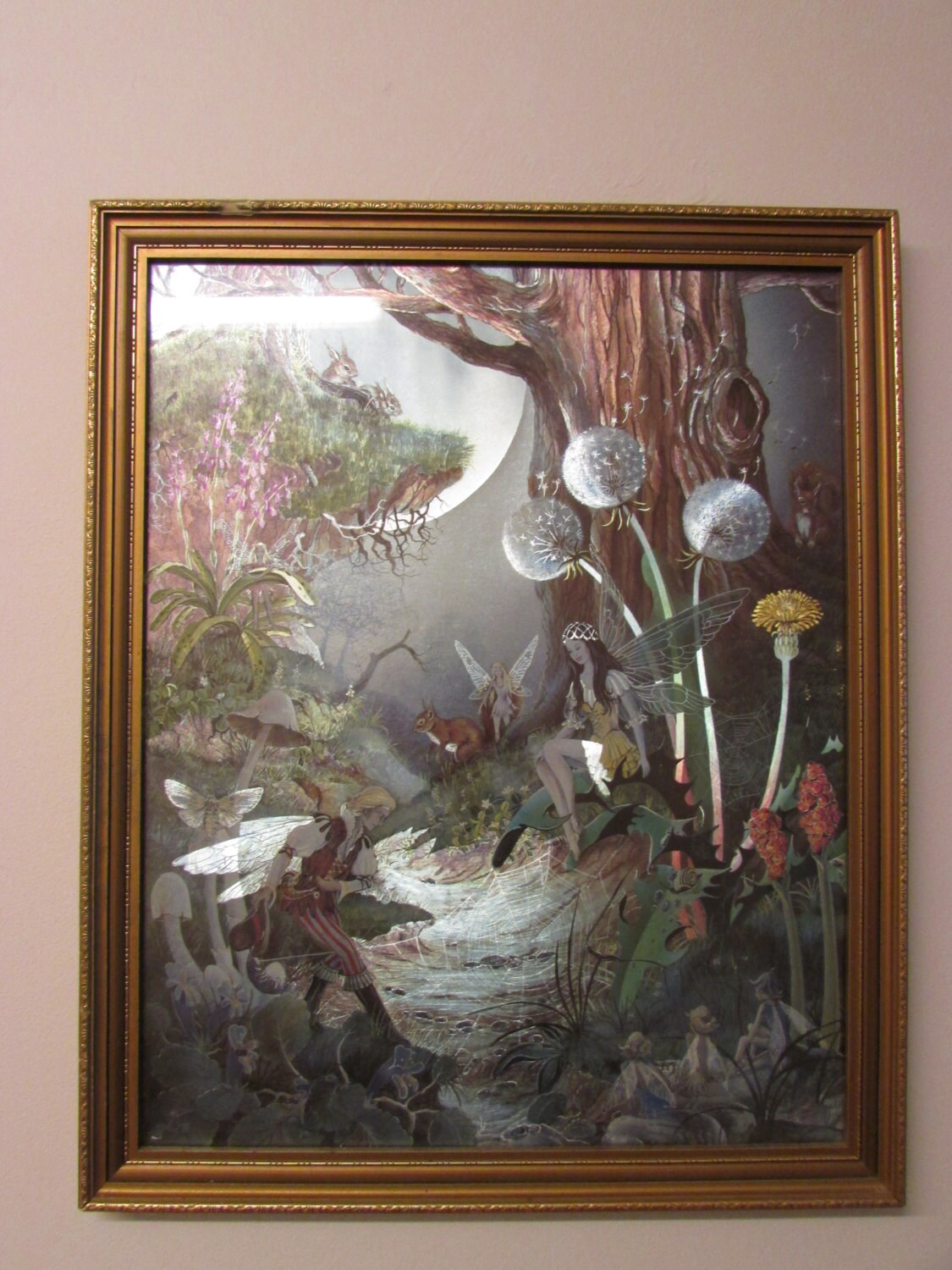 Vintage large framed metallic foil fairytale art First