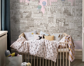 Balloons Kingdom Wallpaper Fantasy Balloon City Wall Mural Children's Wall Paper Toddler Nursery Kid's Room Blue Sky Pink White