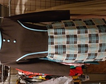 Vintage 1960s Mod Brown and Blue Plaid Scooter Dress by C.M. Coventry- Awesome Contrast Piping and Button Details!