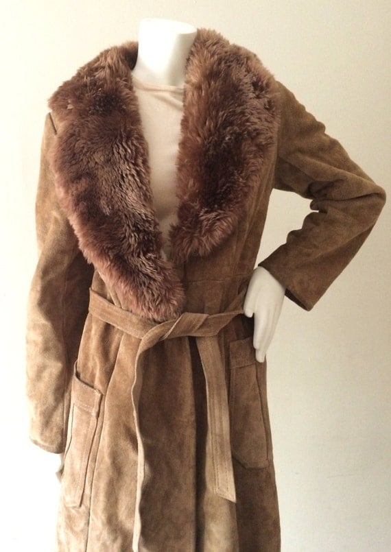 1970s Disco Suede Full Coat w/ Faux Fur Collar and Faux