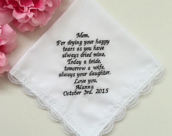 Wedding Handkerchief For Mom/Wedding Gift For Mother Of Bride/Embroidered Handkerchief For Mum/Personalized Embroidery Custom Words Hankie