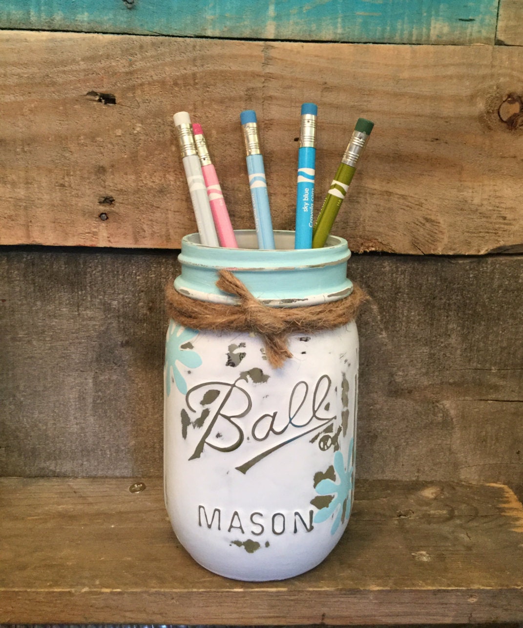 Mason Jar Pen Holder White with Aqua Daisies by VintageDaisyHome