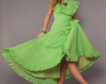 1970s Vintage Neon Lime Green Retro Victorian Gown Prairie Maxi Dress
