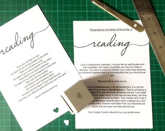 Printable Wedding Ceremony Template for Reading or Recital Insert Card. Printable Wedding Program Insert. Print 2 sides - optional top line.