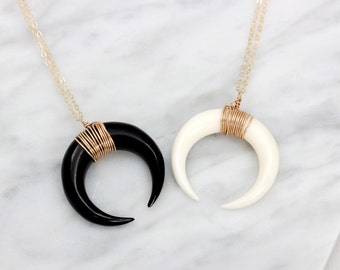 Double Horn Necklace, Gold Crescent Moon Necklace, Silver Tusk Necklace, Bone Horn Necklace / Layering Boho Necklace, Upside Down Moon