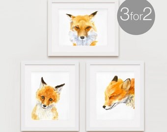 Fox Print Set, Fox Watercolor Print, Foxes Prints, Fox Wall Art - 3 for the price of 2