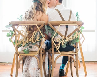 Hexagon Wedding Chair Signs Geometric Style for Bride and Groom Wedding Chairs, Hexagon Calligraphy Wooden Hanging Signs Set (Item - GBG200)