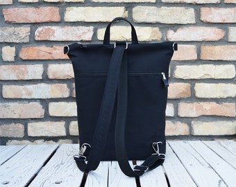 Minimalist Vegan City backpack, Black rucksack, Functional Laptop carrier, available in two sizes, unique gift for women, birthday present