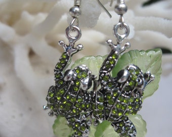 Green Crystal Leaping Frogs on Lily Pads Earrings