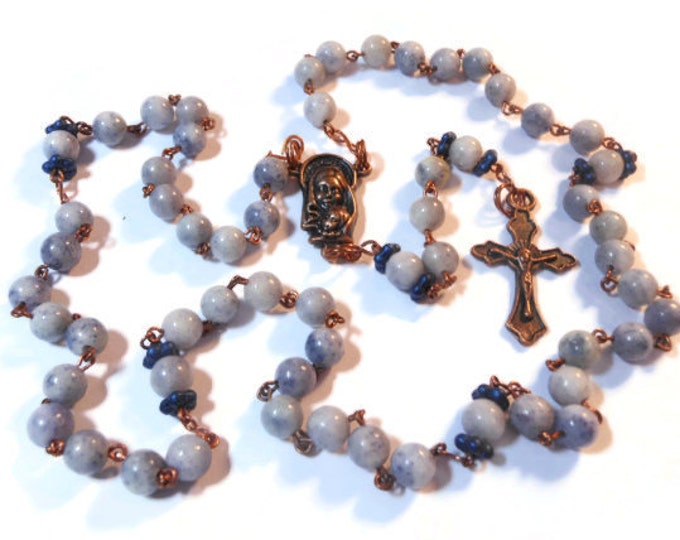 FREE SHIPPING Blue Aventurine Catholic Rosary 'Faded Blue Jeans' with copper wire, crucifix and center piece