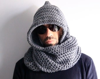 Mens hood scarf, mens infinity scarf, mens winter hood, mens chunky scarf, Calypso Hood, mens winter fashion, 16 colors, made to order
