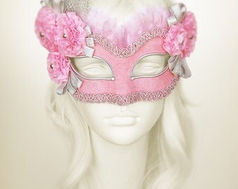 Brocade Covered Pink & Gold Masquerade Mask With Lace