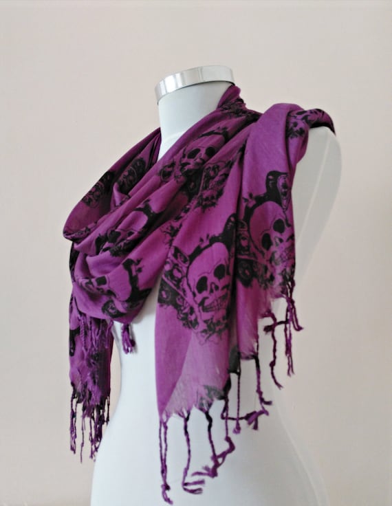 Men's and Women's Skull Scarf Purple and Black. Halloween accessories .Soft Cotton Purple Scarf. Skull Scarves.Unisex Scarf.